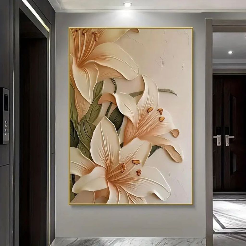 Lukisan Dinding Bunga Lily Aesthetic Tekstur Timbul Minimalis Hiasan Dinding Modern