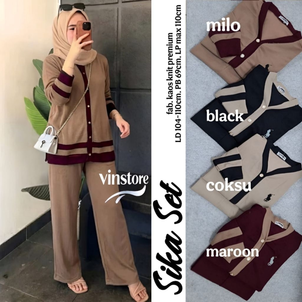enzy sika one set celana kulot kaos wanita by vin cardigan knit outer rajut kancing atasan knit impo