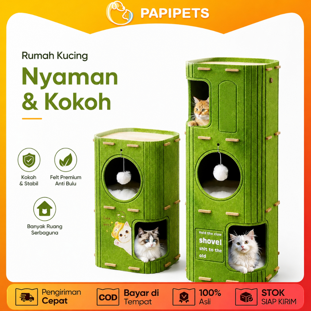 PAPIPETS Rumah Kucing Susun Papan Garuk Kucing Kardus Tebal Tempat Tidur Kucing 2in1 Mainan