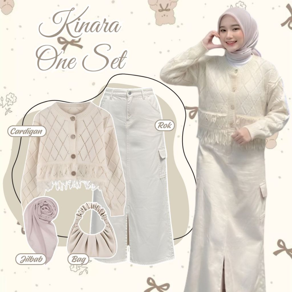 Kinara One Set ( Cardigan Rajut Crop + Rok Cargo Premium + Bela Square ) One Set Korean Style Hijab