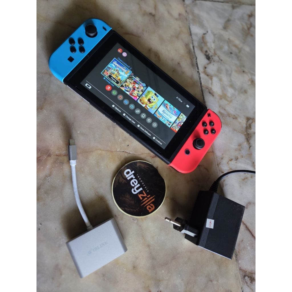 Nintendo Switch V2 CFW Full Game Inject V2 Neon Blue Red + Converter HDMI + Charger Only Second