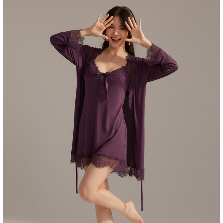 Violet Lingerie Baju Tidur Set Setelan  Celana Dalam Transparan Renda  Motif Bunga 1118