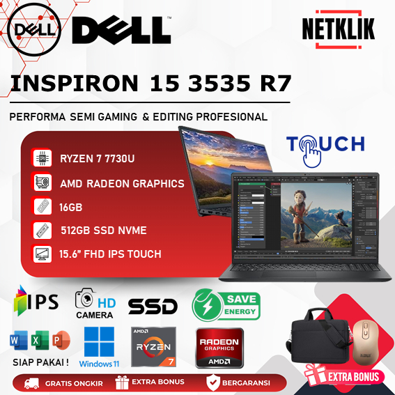 Laptop Gaming DELL Inspiron 15 3535 Ryzen 7 7730 16GB 512GB SSD 15.6 IPS Touchscreen WIN11
