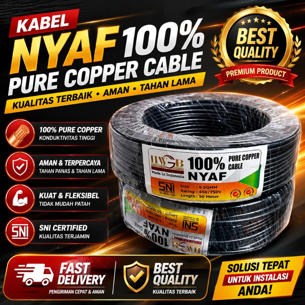 Kabel Listrik Serabut Tunggal  NYAF 6 mm Hitam, Merah Merek HWGB ( Panjang 50 meter )
