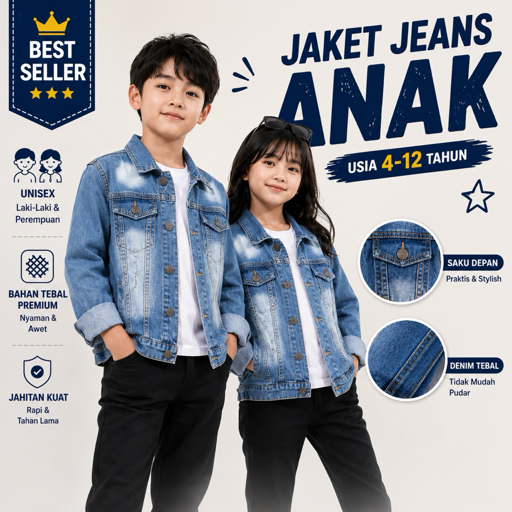 JAKET DENIM ANAK LAKI LAKI DAN PEREMPUAN 4-12 tahun denim tebal | outer anak kekinian