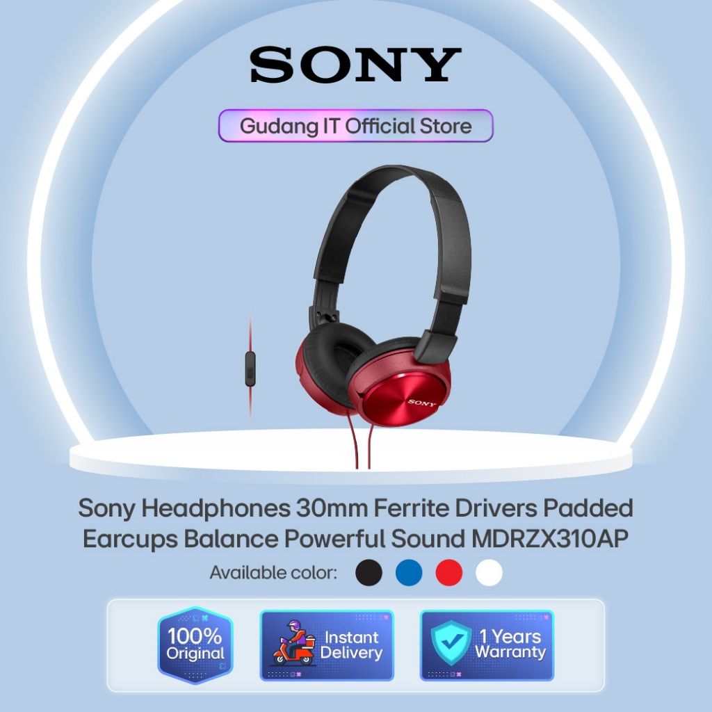 Sony Headphones 30mm Ferrite Drivers Padded Earcups Balance Powerful Sound MDRZX310AP