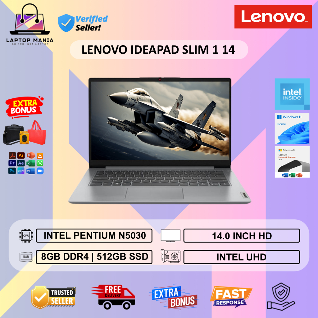 Lenovo Ideapad Slim 1 14 Intel Pentium N5030 Ram 8GB SSD 512GB Windows 11 Home Silver