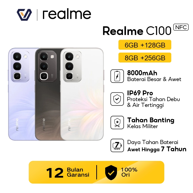 Official Realme C100 6+128GB/8+256GB (8000mAh Titan Long-Lasting Battery | IP69 Pro Dust & Water Resistance | Military-Grade Shock Resistance | 7-Year Battery Health)