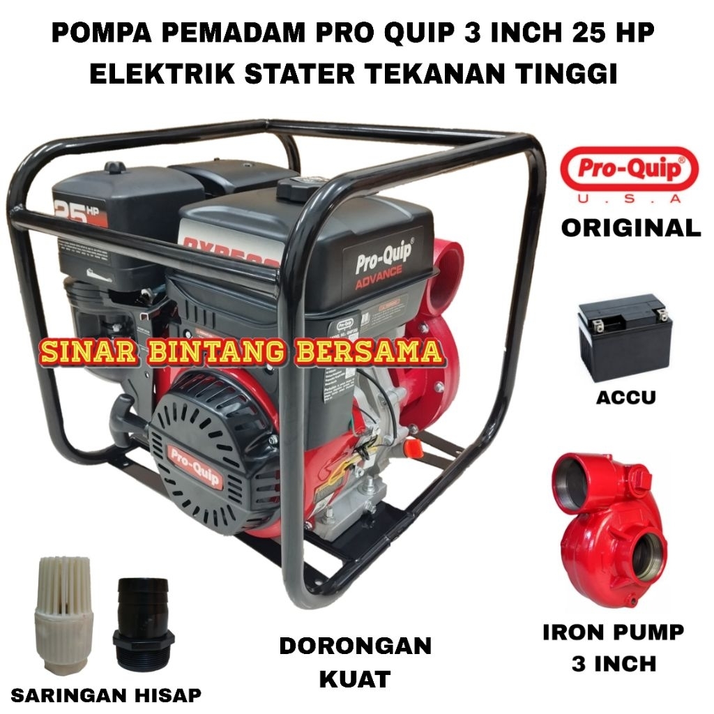 Mesin Pompa Pemadam Pro Quip 25 HP 3 Inch Elektrik Stater Tekanan Tinggi