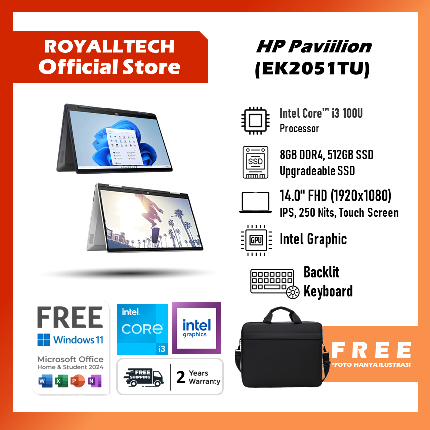 Laptop HP Pavilion X360 14 EK2051TU/EK2123TU Touch Screen + Pen Intel Core i3 100U - Ram 8GB 512GB W