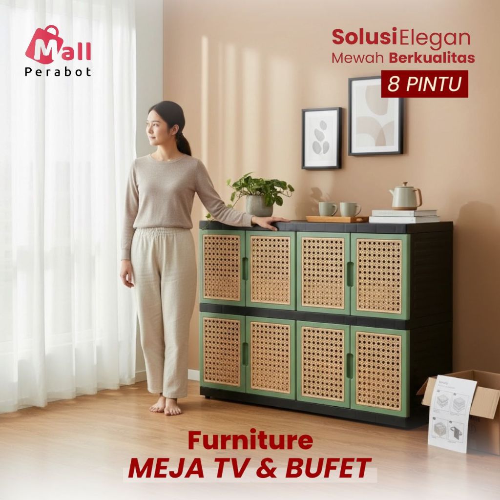 Mall Perabot | Meja TV Bufet Plastik 8 Pintu Motif Rotan Estetik Japandi Lemari Kabinet Serbaguna An