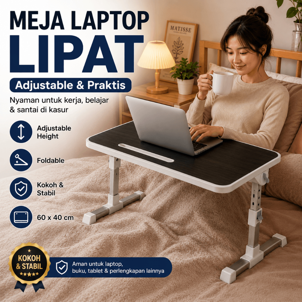 Meja Lipat Laptop Adjustable Bed Table Belajar Foldable Kayu MDF Tinggi Adjustable