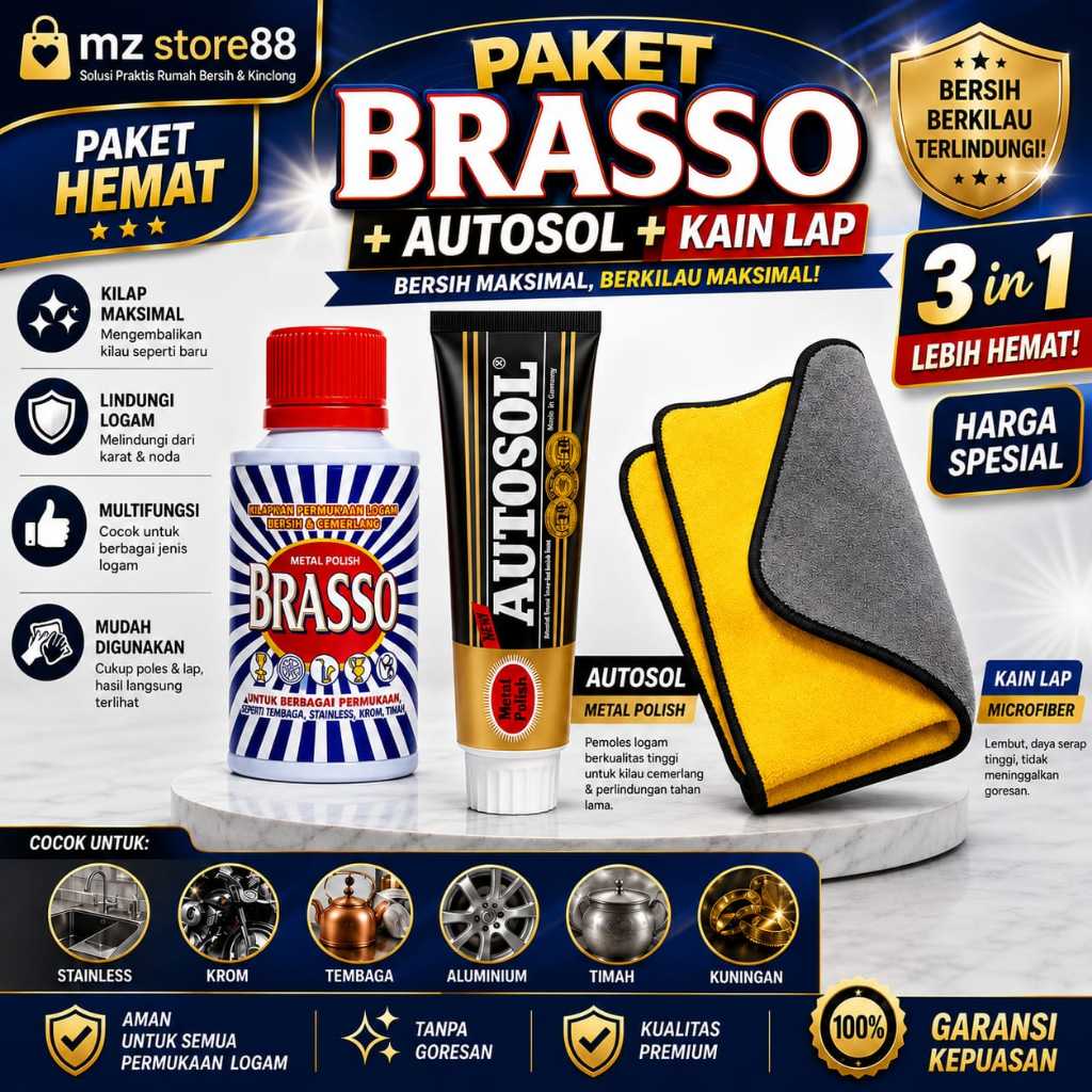 Paket Polish 3 in 1 Brasso Autosol Metal Polish Kain lap Microfiber