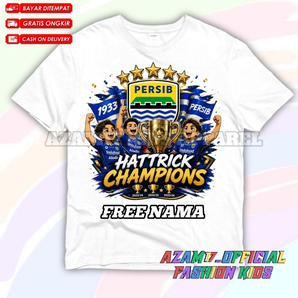 Kaos Baju Anak Persib Juara Free Nama / Kaos Tshirt Anak Persib Hattrick Champions