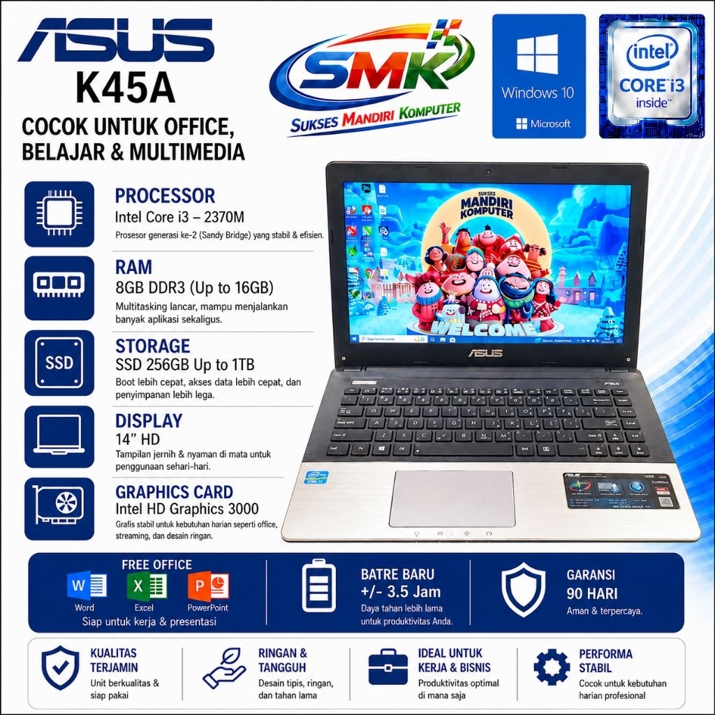 Laptop Asus K45A | Core i3 gen 2 | Ram 8GB | SSD 256GB