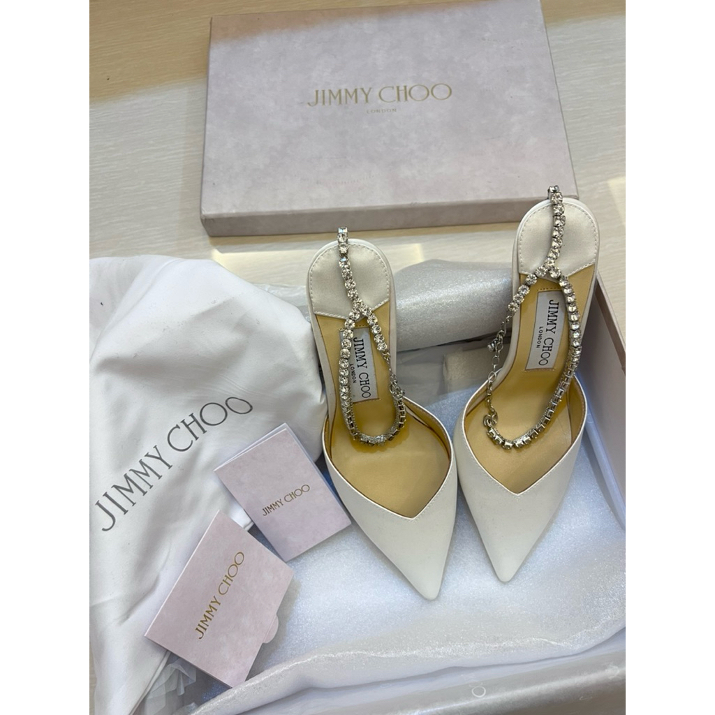 NEW AUTHENTIC ORIGINAL Jimmy Choo Sateen Crystal Chain white heels size 36