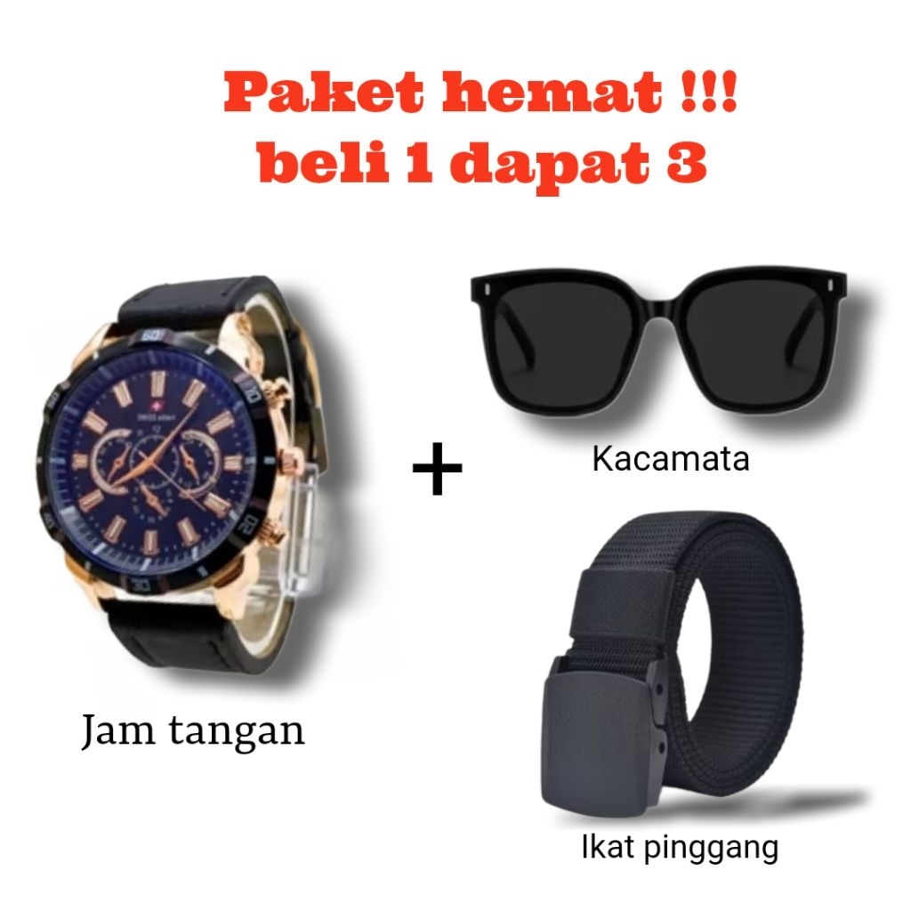 PAKET BUNDLING HEMAT PRIA.. Jam tangan pria kekinian tali kulit bonus kacamata keren & ikat pinggang