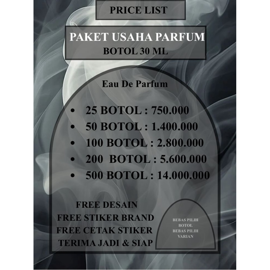 Paket Usaha Maklon parfum EDP (Eau De Parfume) Custom Brand Sendiri Bebas Pilih Aroma Ketahanan 6-8 