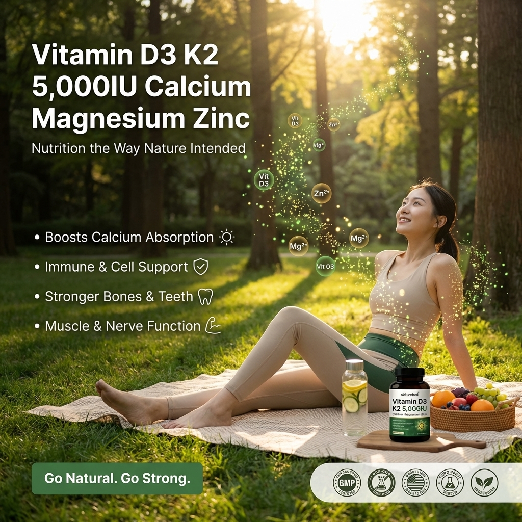 60 Kapsul Vitamin D3K2 5000IU & CalciumMagnesiumZinc - Suplemen untuk Kesehatan Tulang & Imunitas