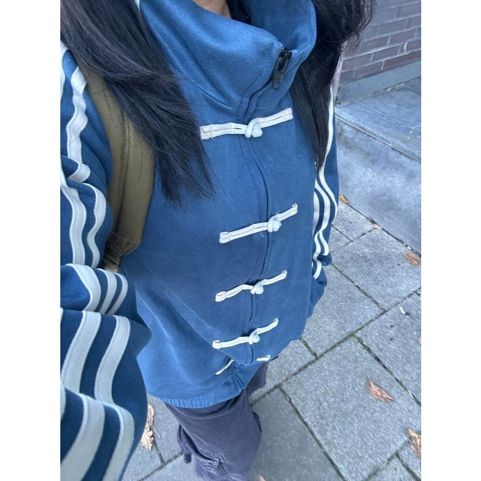 Jaket Zipper Olahraga Biru Denim Putih Model Sanghai Unik Pakaian Hangat Casual Pria Wanita  Quality