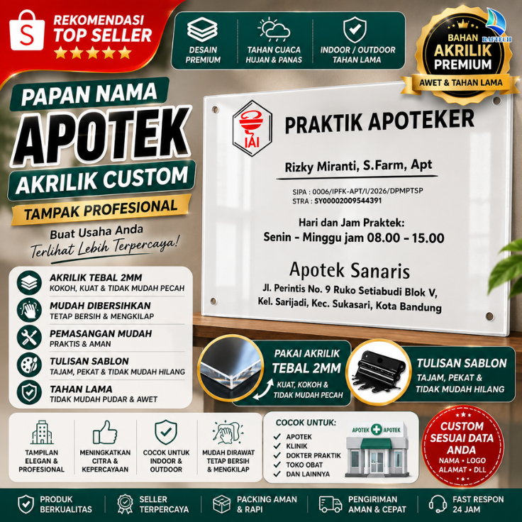 Papan Nama Apotek Akrilik Custom Premium 60x40cm| Tebal 2MM + Tulisan Sablon | Elegan & Profesional