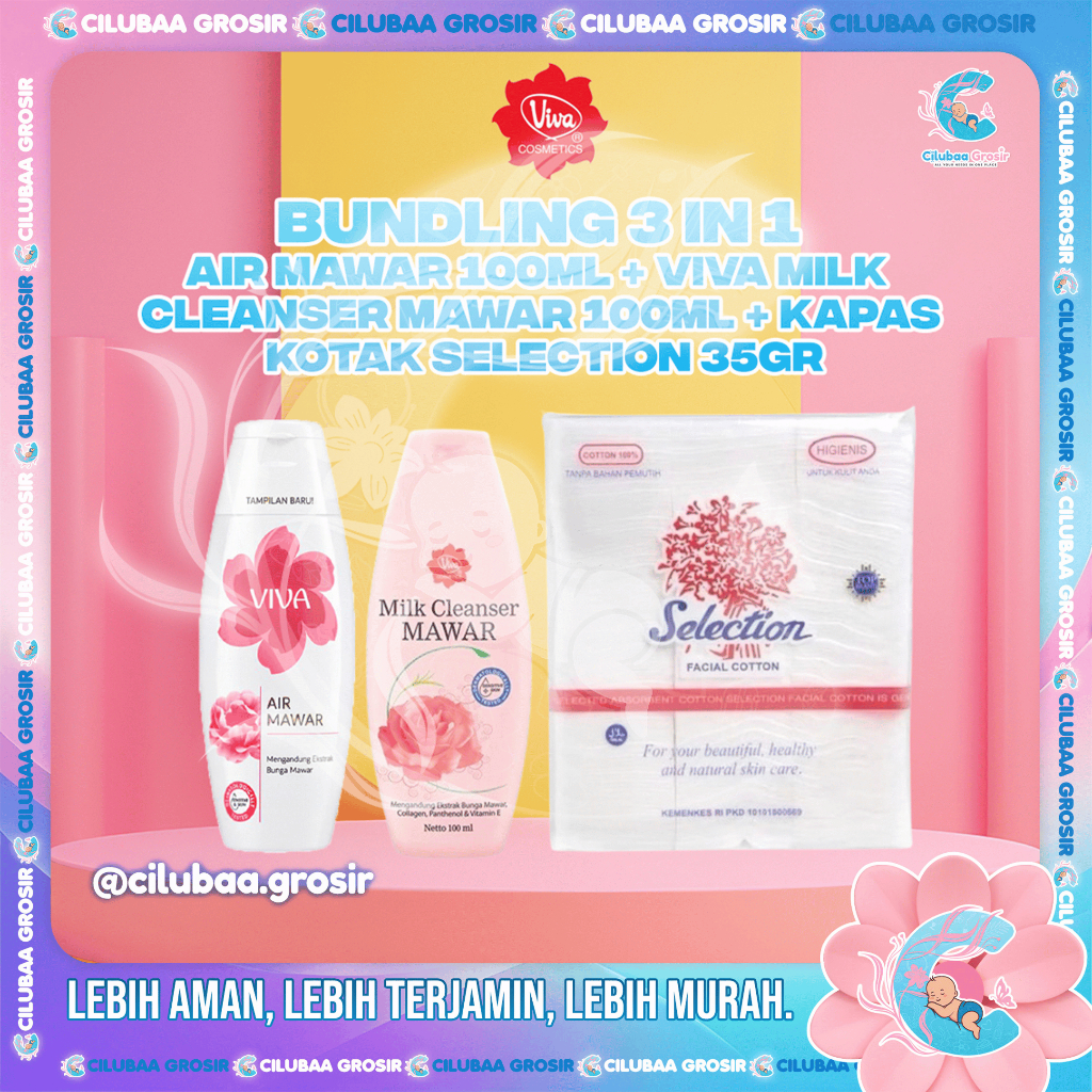 PAKET BUNDLE Viva Air Mawar 100mL + Viva Milk Cleanser Mawar 100mL + Kapas Kotak Selection 35gr 3 in