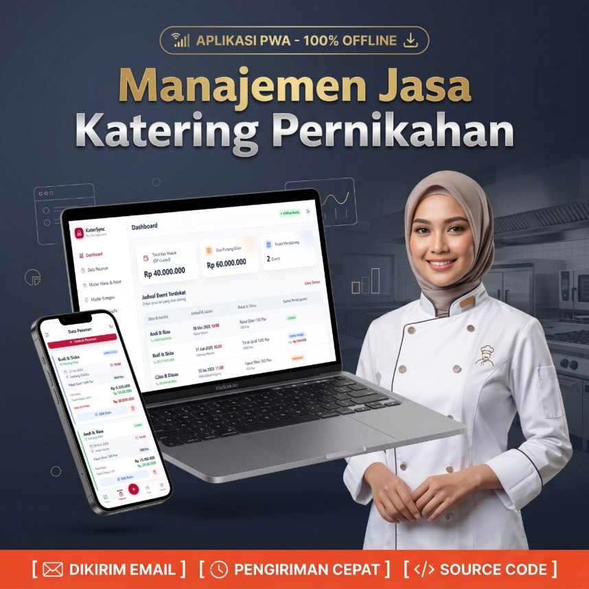 Aplikasi PWA Manajemen Jasa Catering Pernikahan, 100% Offline, Dashboard & Mobile