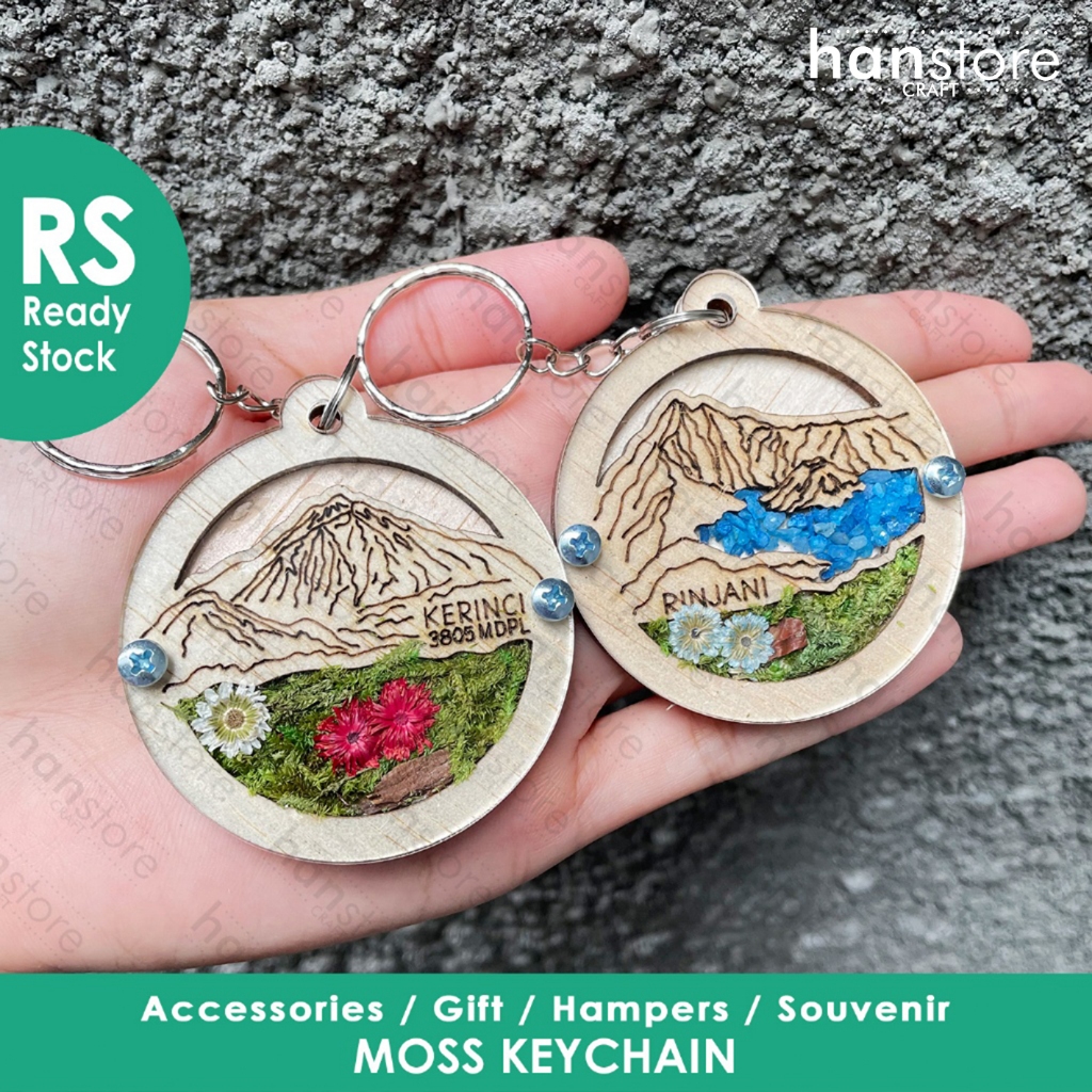 RS MOSS KEYCHAIN / Mountain / Gunung / Lumut / Gantungan Kunci Kayu & bunga oleh oleh Wisata Rinjani