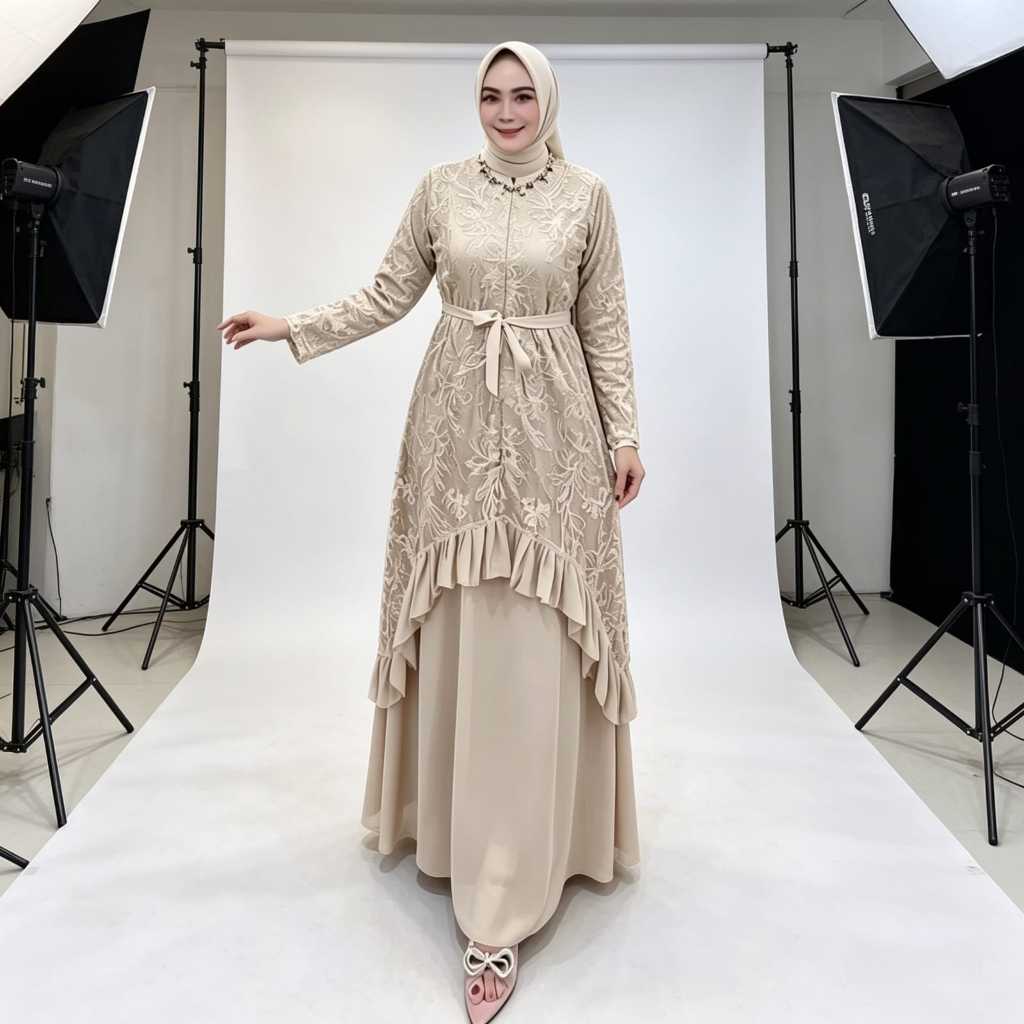 Sakira Dress Gamis Butter Yellow Baju Pesta  Ceruty Baby doll Mix Brukat Plus Payet Gaun Pesta Mewah