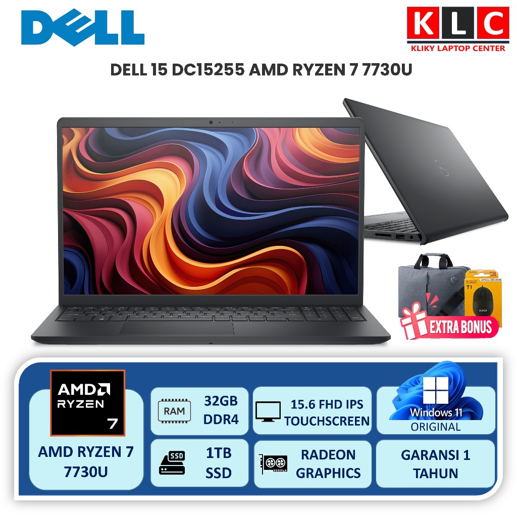 Laptop DELL Ryzen 7 7730U 32GB 1TB SSD Touchscreen 15.6 FHD IPS Original Laptop Kantor Editing