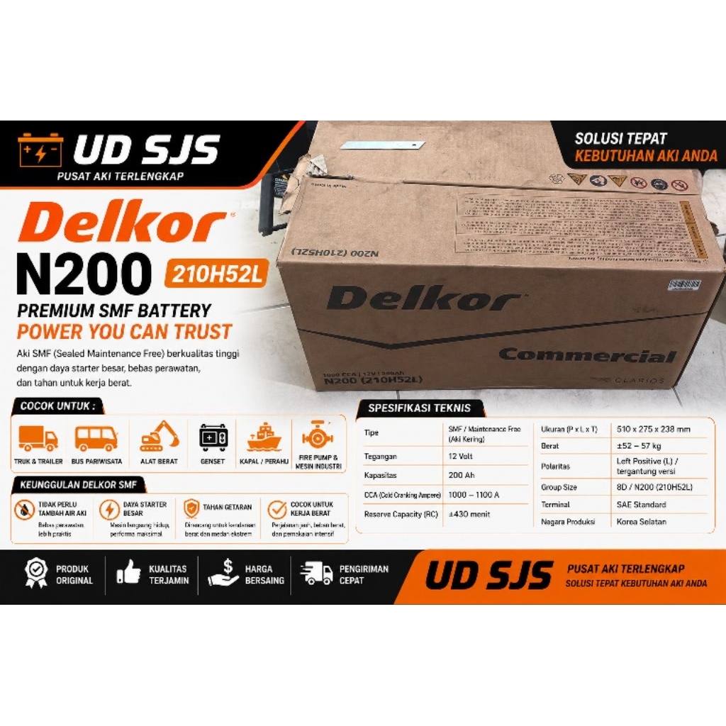 Aki Delkor N200 SMF kering untuk genset 12v 200ah