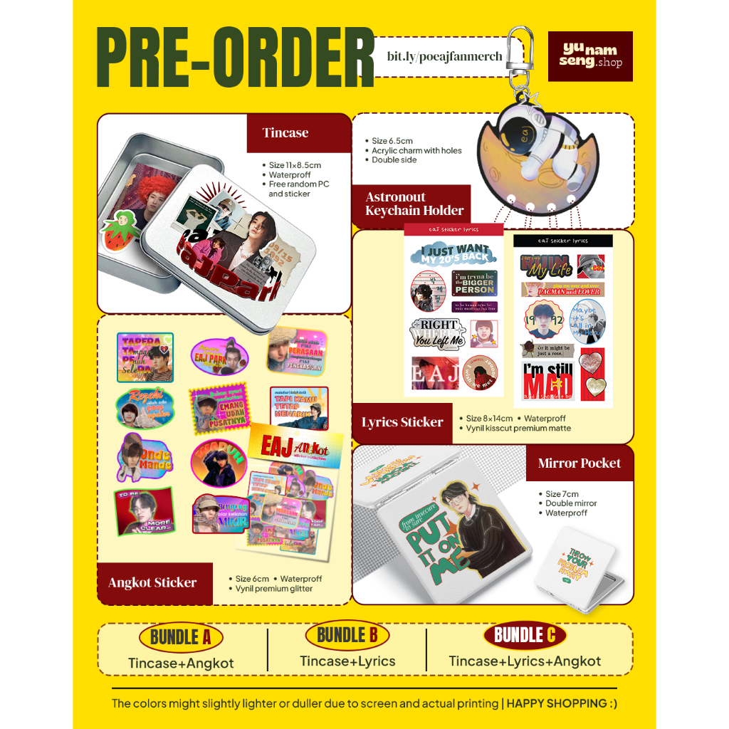 Paket Merch EAJ Fanmade merch Tincase, Stiker, Keychain, Mirror Pocket, Dan Angkot Sticker