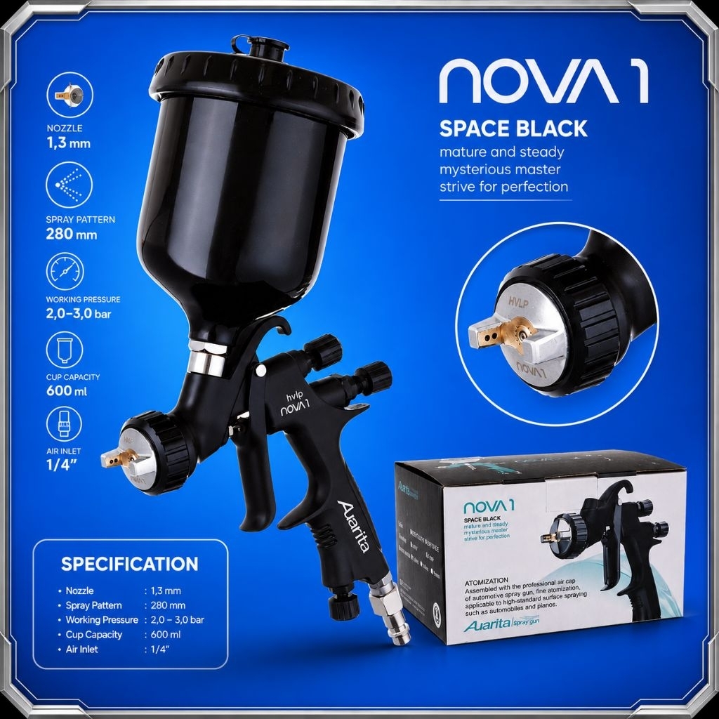 Spray Gun Nova 1 Space Black HVLP Nozzle 1,3mm Cup 600ml Original Auarita