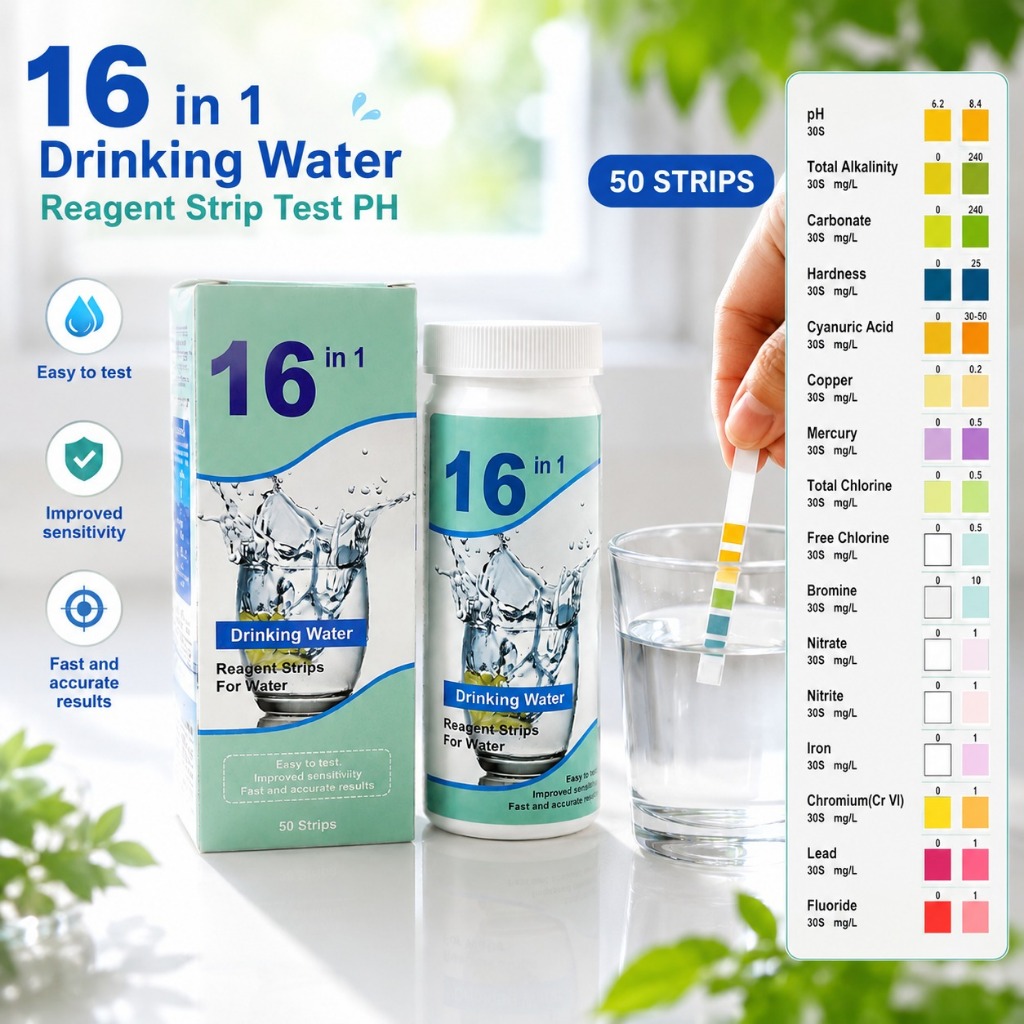 50pcs Strip Alat Uji Cek Tes Kualitas Air Minum 16 In 1 - pH Iron Copper Lead Flouride Chlorine Nitr
