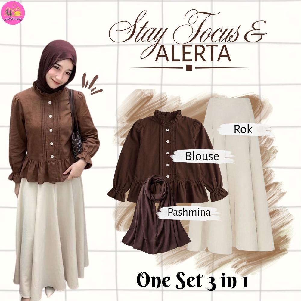 Setelan OneSet 3 in 1 Blouse Elora & Rok Payung Kekinian (Blouse Elora + Rok Payung + Pashmina) Kore