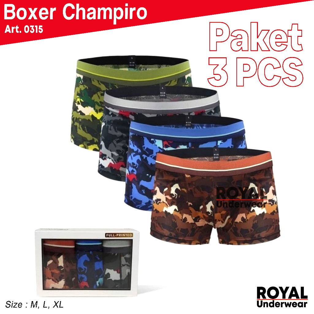 [ 3 PCS ] CD Pria Boxer Champiro 0315 Ukuran M, L, XL | Celana Dalam Pria Dewasa Motif Print | Bahan