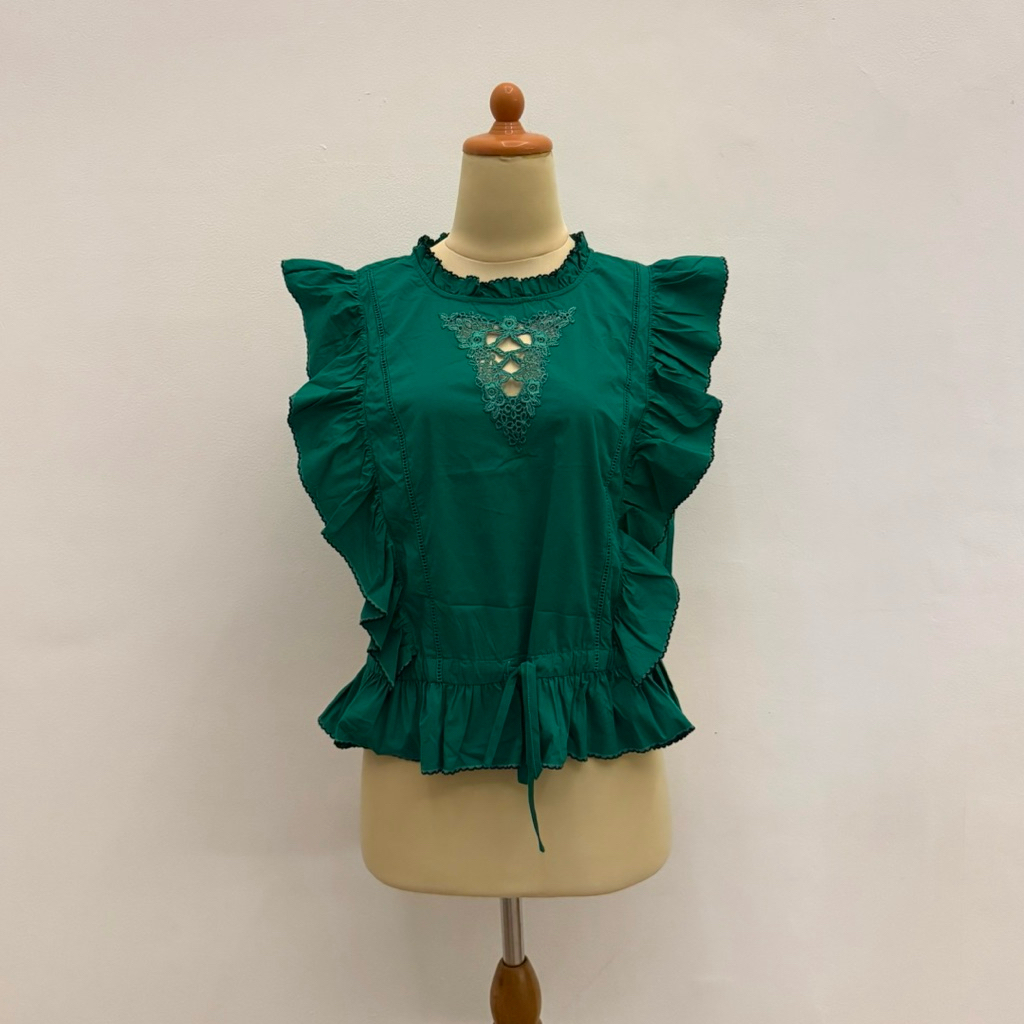 PRELOVED Karoro Green Basic Ruffle Sleeveless Blouse Top Fashion Wanita