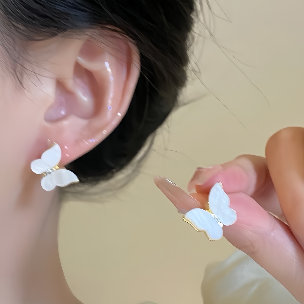 [COD]Anting Kupu-Kupu Putih Emas Anti Karat, Perhiasan Stylish
