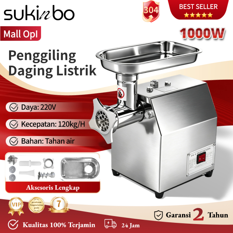 SUKINBO Mesin Penggiling Daging Listrik Multifungsi 1000W Stainless Steel Untuk 120kg/h Kebutuhan Ko
