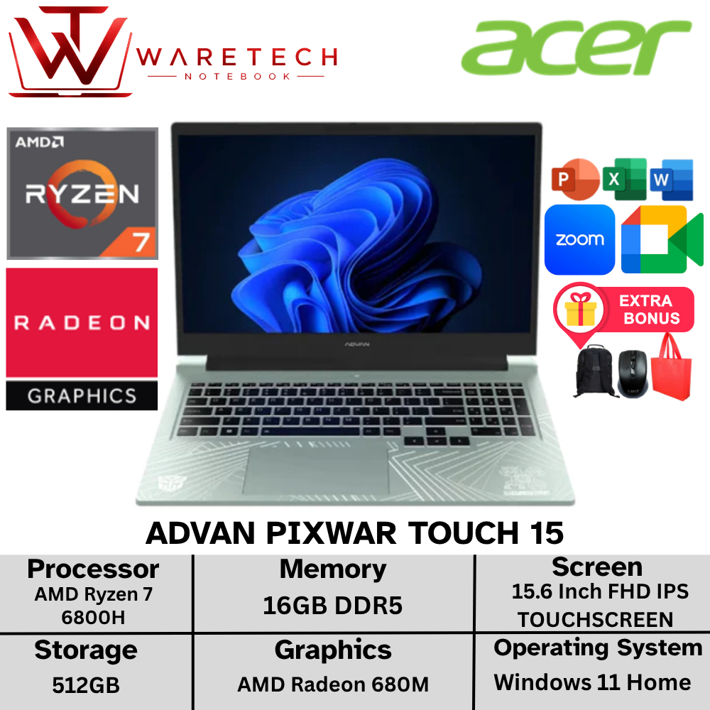 Laptop Advan Pixwar Touch 15 Ryzen 7 16GB DDR5 512GB Radeon 680M 16 Inch FHD IPS