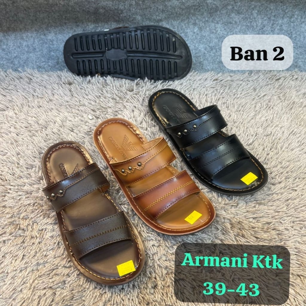 Sandal Kulit Pria Giorgio Armani Tali Strip dua model trendy kasual formal awet lentur tahan lama te