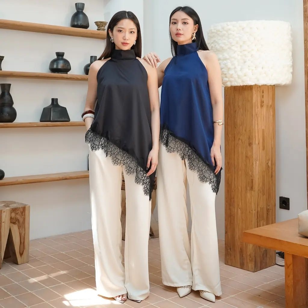 GIOMIC - Mora Halterneck Top Renda Wanita | Atasan Tanktop Satin Asymmetry Elegant | Black White Nav