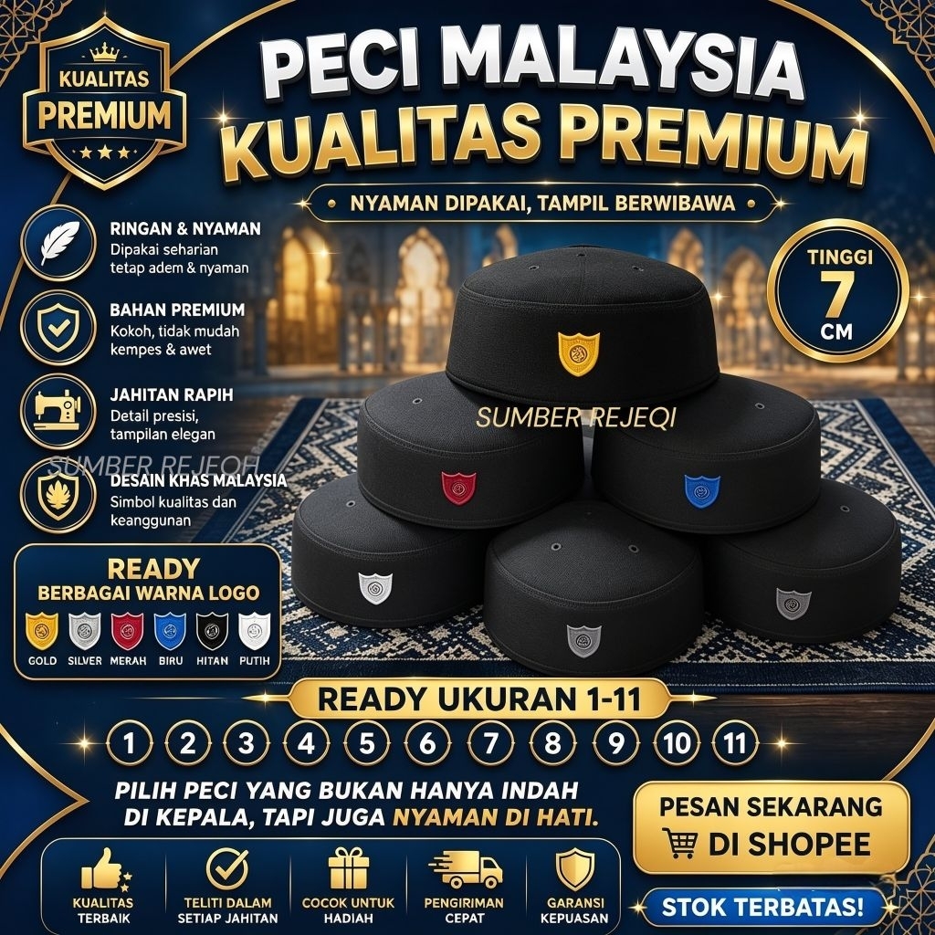 PECI MALAYSIA PREMIUM HITAM TINGGI 7 CM  SONGKOK MALAYSIA KOPYAH MALISIA HITAM HAJI ALAY Peci malays