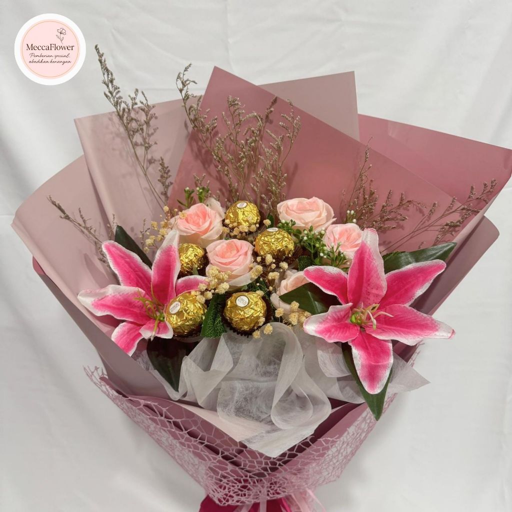Buket Bunga Artificial Jumbo XL mix coklat ferrero rocher Hadiah Wisuda Lamaran Ulang Tahun Annivers