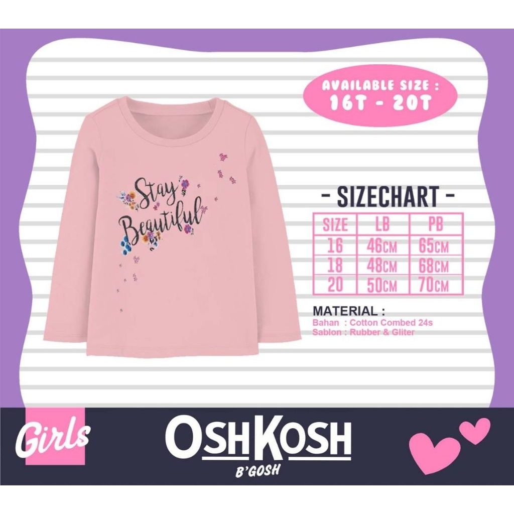 Kaos atasan anak perempuan lengan panjang usia 16 - 20 Tahun / OshKosh B'gosh Lengan panjang series