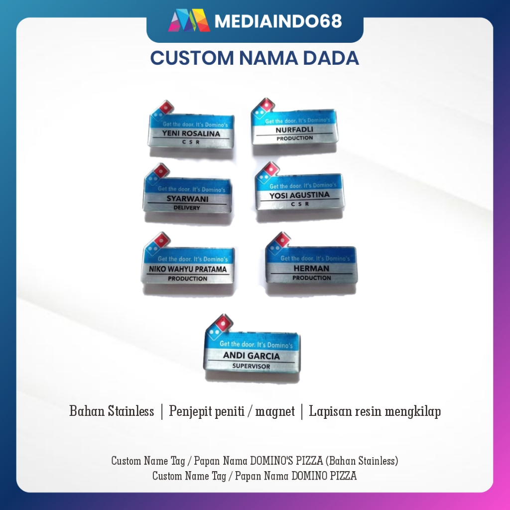 Custom Name Tag / Papan Nama DOMINO'S PIZZA (Bahan Stainless)