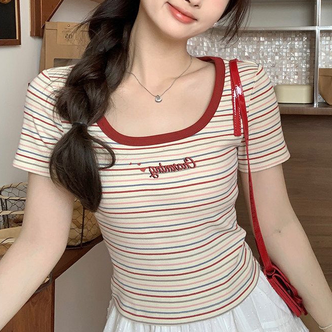 Kaos Wanita Stripe Rib Knit Stretch Lengan Pendek Slim Fit Korean Style Atasan Cewek Casual Elastis