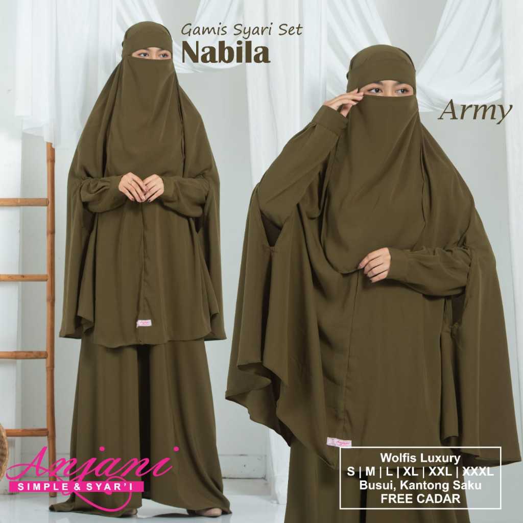 Nabila Set Syari Gamis Syari Set Khimar Plus Cadar Gamis Syari Polos Set Jilbab Lubang by Anjani