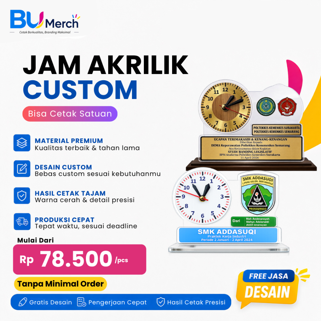 Jam Akrilik Custom | Jam Meja Akrilik Custom | Souvenir Kenang-kenangan KKN & PKL | Jam Duduk Custom