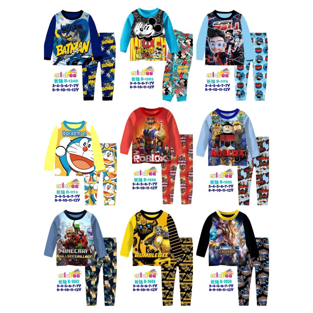 Baju Tidur Anak Laki Laki Lengan Panjang Celana Panjang Karakter Among Us, Doraemon, Mickey, Roblox,